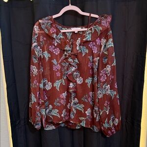 LC Lauren Conrad Burgundy Floral Ruffle Blouse